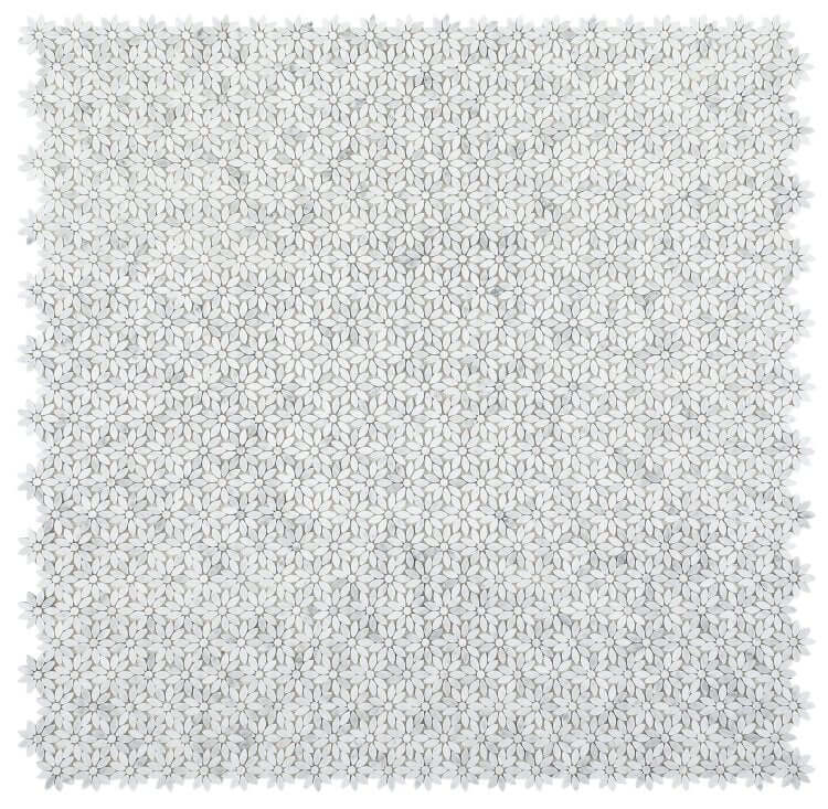 Daisy Wild Carrara 12.50 x 12.75 polished marble mosaic tile in a floral pattern, ideal for stylish decor.
