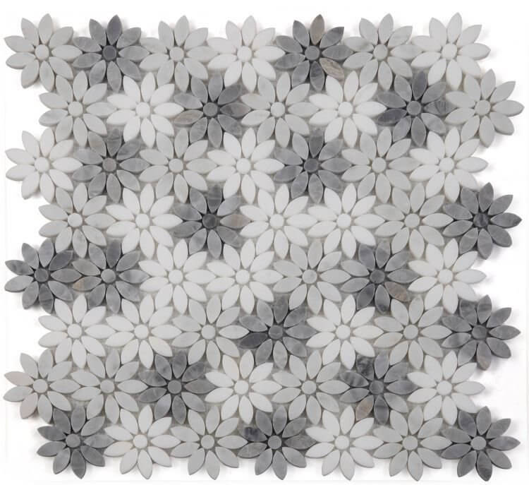 Daisy Wild Grey mosaic tile featuring a floral pattern in white and grey marble. Size 12.5 x 13, polished finish.