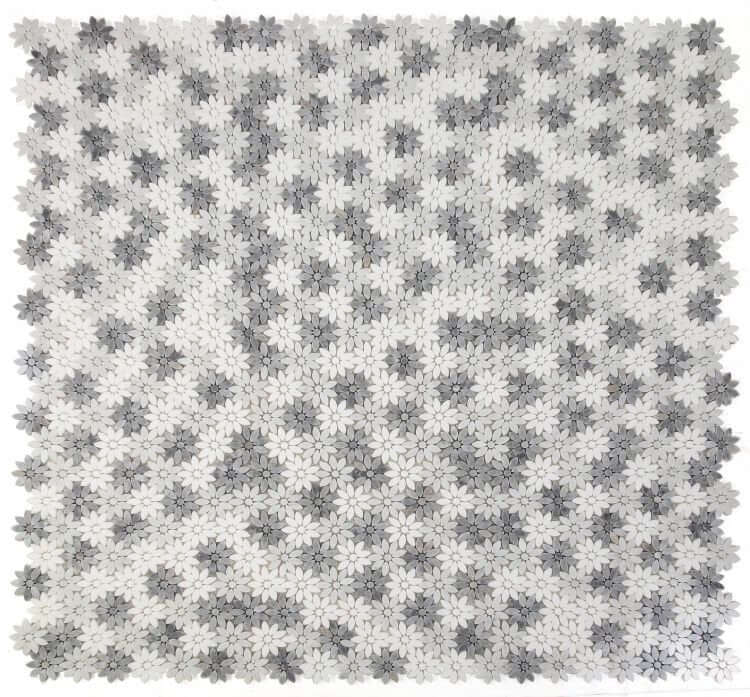 Daisy Wild Grey marble mosaic tile featuring a mini flower pattern in shades of white and grey, polished finish.