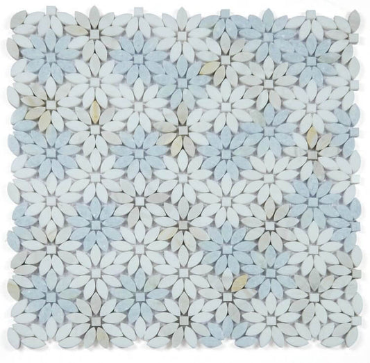 Daisy Wild Marina marble mosaic tile in mini flower pattern, 12.5 x 12.75 inches, perfect for elegant decor.