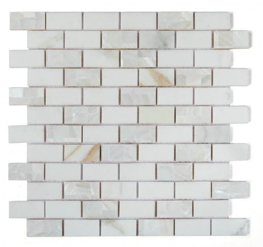 Diana Brick Calacatta mosaic tile 11.75 x 11.75 with Mother of Pearl and Calacatta Gold marble.