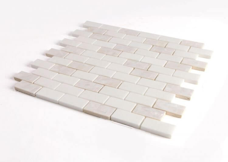 Diana Brick Thassos 11.75 x 11.75 mosaic tiles in white with Mother of Pearl and Thassos Marble finish.