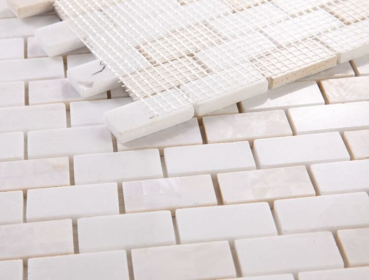 Diana Brick Thassos mosaic tiles featuring a white brick pattern with Mother of Pearl, 11.75 x 11.75 size.