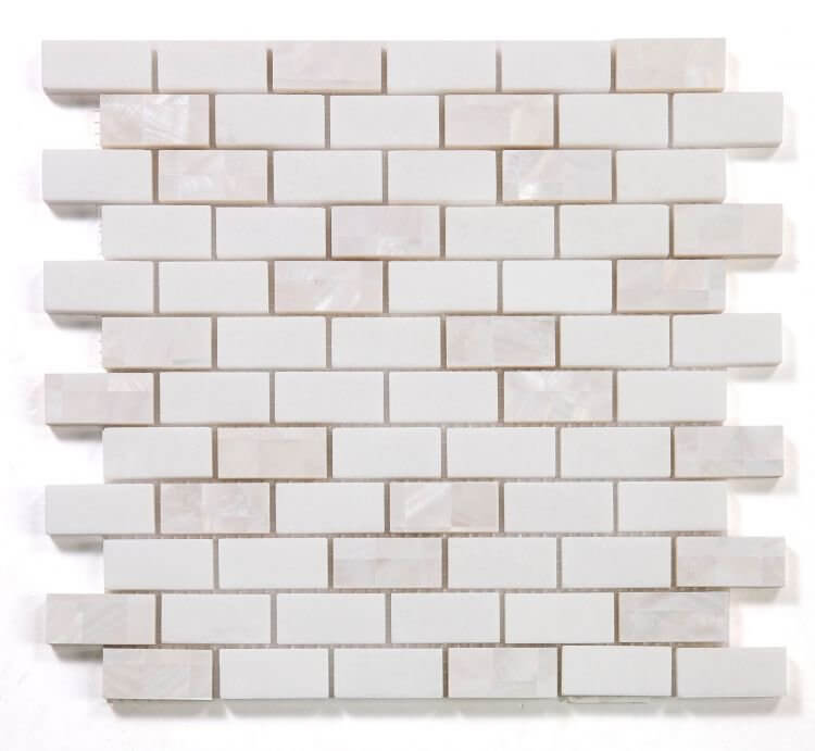 Diana Brick Thassos 11.75 x 11.75 white marble mosaic tile with Mother of Pearl in brick pattern.