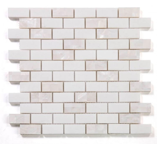 Diana Brick Thassos 11.75 x 11.75 white marble mosaic tile with Mother of Pearl in brick pattern.