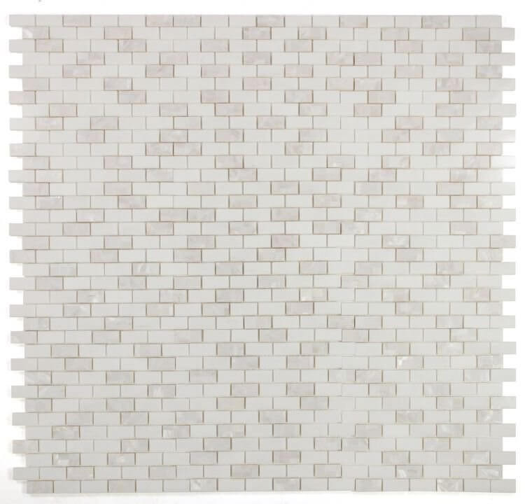 Diana Brick Thassos 11.75 x 11.75 white mosaic tile with a brick pattern, made from Mother of Pearl and Thassos Marble.