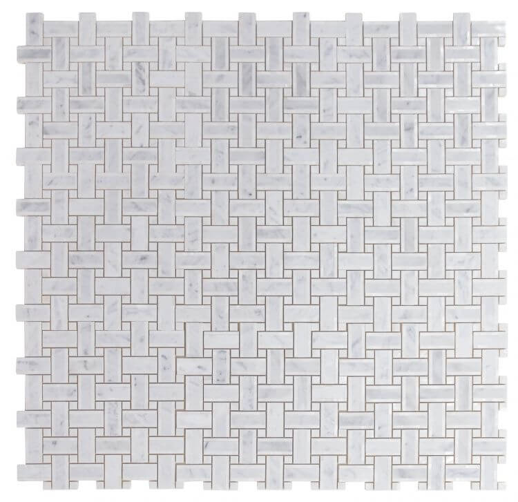 Diana Cross Carrara 12.25 x 12.25 marble tile with white pearl cross weave design.