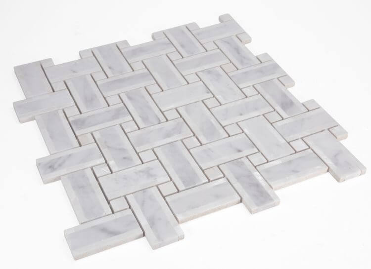 Diana Cross Carrara 12.25 x 12.25 marble tile in a white pearl cross-weaved design for elegant flooring.