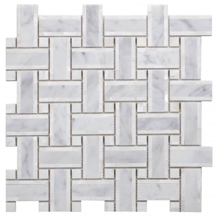 Diana Cross Carrara 12.25x12.25 tile featuring Carrara marble and white pearl in a woven design.