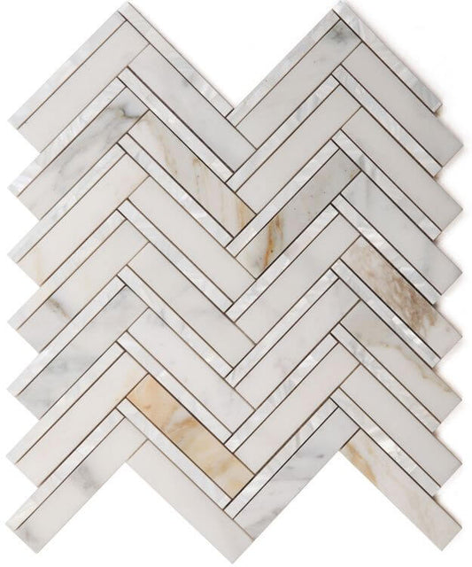 Diana Herringbone Calacatta mosaic tile in white and gold, 11 x 11.75, featuring Calacatta Marble and Mother of Pearl.