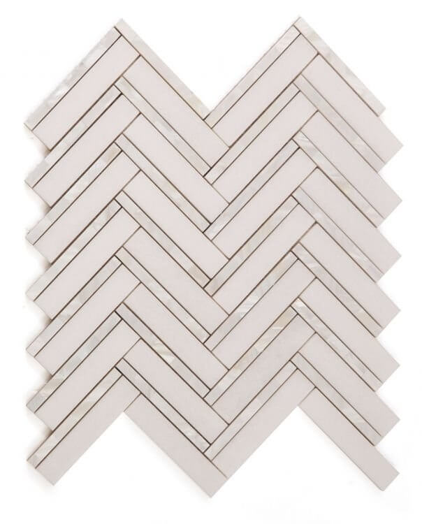 Diana Herringbone Thassos mosaic tile in white, made of Thassos Marble and Mother of Pearl, 11 x 11.75 inches.