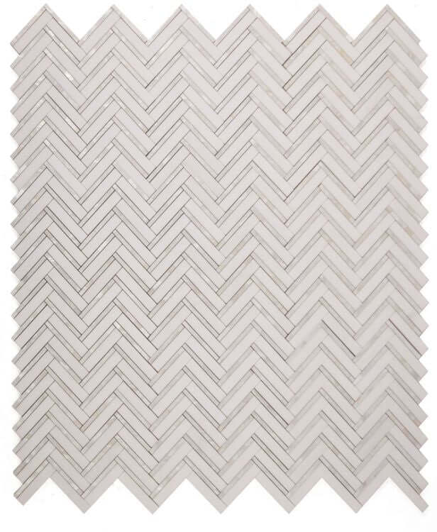 Diana Herringbone Thassos mosaic featuring white Thassos Marble and Mother of Pearl in a chevron pattern.