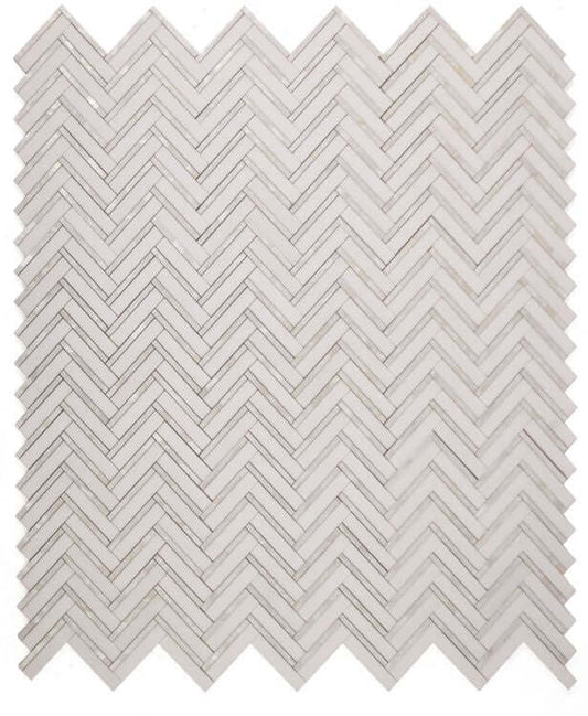 Diana Herringbone Thassos mosaic featuring white Thassos Marble and Mother of Pearl in a chevron pattern.