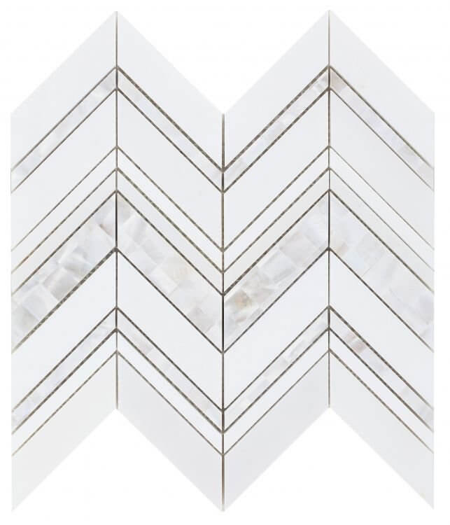 Diana Ravenna 11.75x12.25 chevron mosaic tile, a mix of marble and pearl in white, perfect for elegant interiors.
