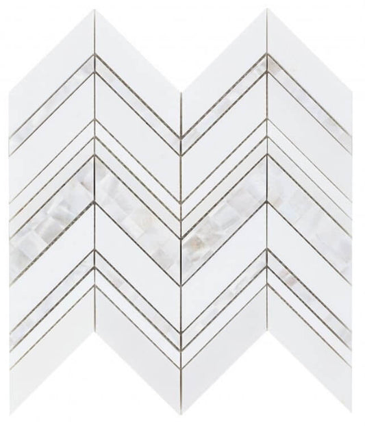 Diana Ravenna 11.75x12.25 chevron mosaic tile, a mix of marble and pearl in white, perfect for elegant interiors.