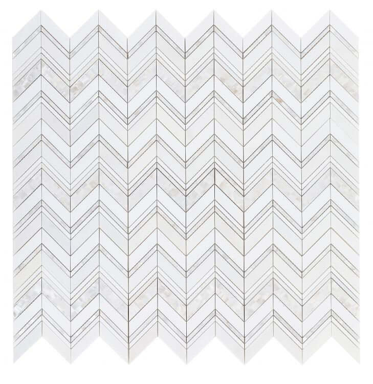 Diana Ravenna 11.75 x 12.25 mosaic tile featuring chevron pattern in marble and pearl finish.