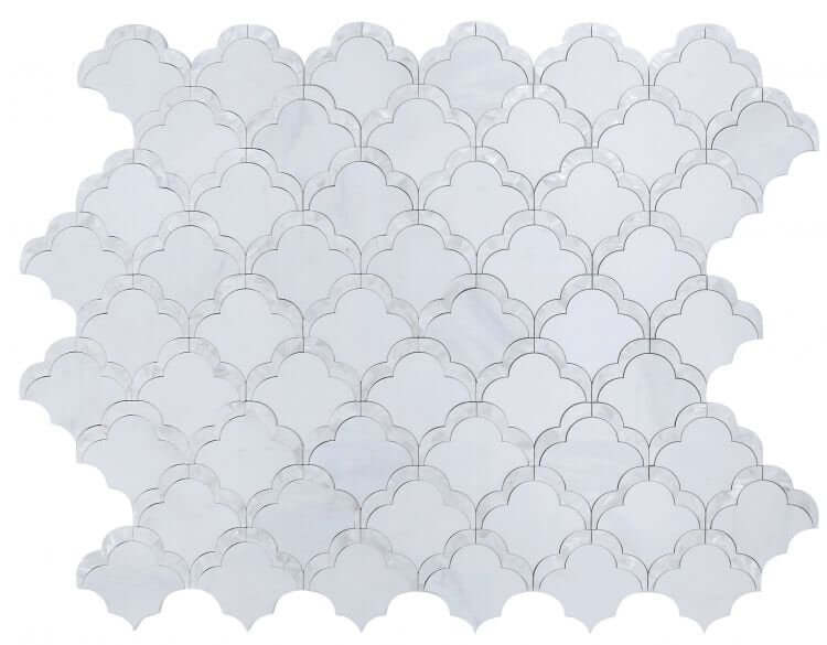 Diana Scale 10.5x12 in white marble and mother-of-pearl mix with artistic scale-like pattern, perfect for stylish mosaics.