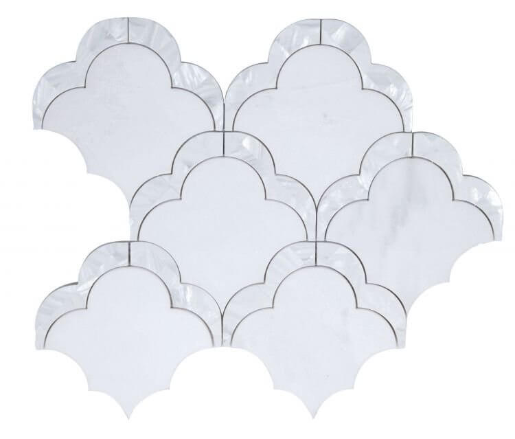 Diana Scale 10.5x12 tile featuring a white marble and mother-of-pearl mix in an artistic scale-like pattern.