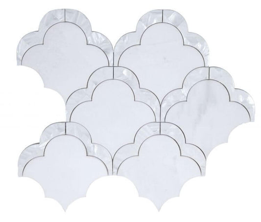 Diana Scale 10.5x12 tile featuring a white marble and mother-of-pearl mix in an artistic scale-like pattern.
