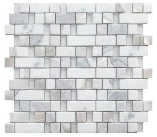 Diana Stack Carrara marble and white pearl mosaic tile, 10.25 x 11.5 inches, perfect for modern decor.
