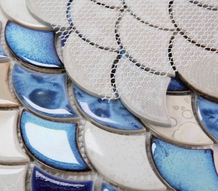 Dragon Scale Blue porcelain mosaics with white, beige, and blue tiles, ideal for swimming pools.