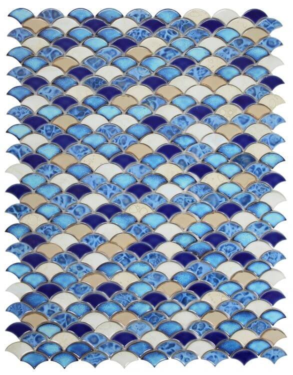 Dragon Scale Blue porcelain mosaics 10x12, featuring white, beige, and multi-blue tiles, ideal for swimming pools.