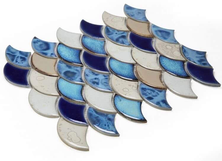 Dragon Scale Blue 10x12 porcelain mosaics featuring blue, beige, and white tones, perfect for pool use.