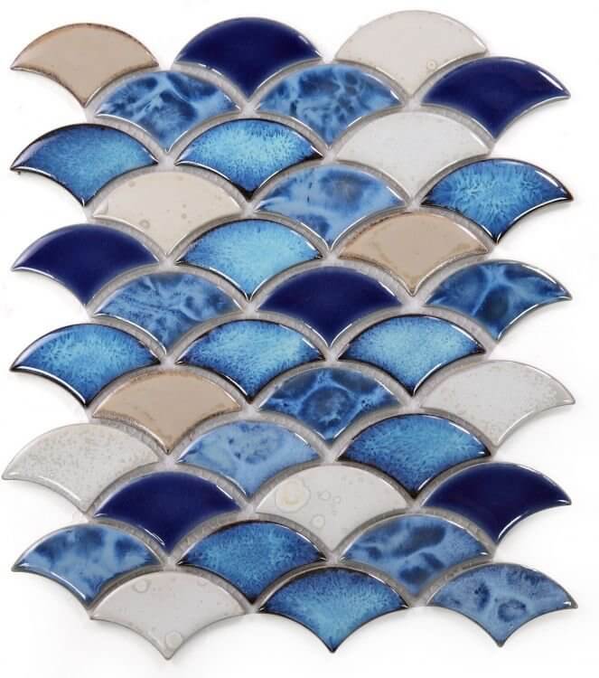 Dragon Scale Blue 10x12 porcelain mosaic tiles in blue, white, and beige, ideal for swimming pools.