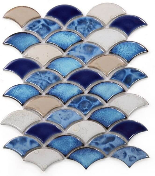 Dragon Scale Blue 10x12 porcelain mosaic tiles in blue, white, and beige, ideal for swimming pools.