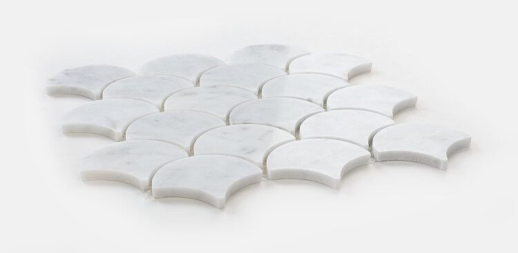 Dragon Scale Carrara 9.75 x 9.75 polished white marble mosaic tiles arranged in a dragon scale pattern.