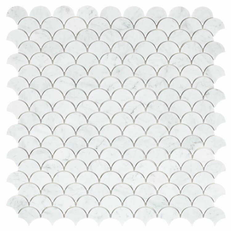 Dragon Scale Carrara marble mosaic 9.75 x 9.75 in polished white finish, featuring dragon scale pattern.