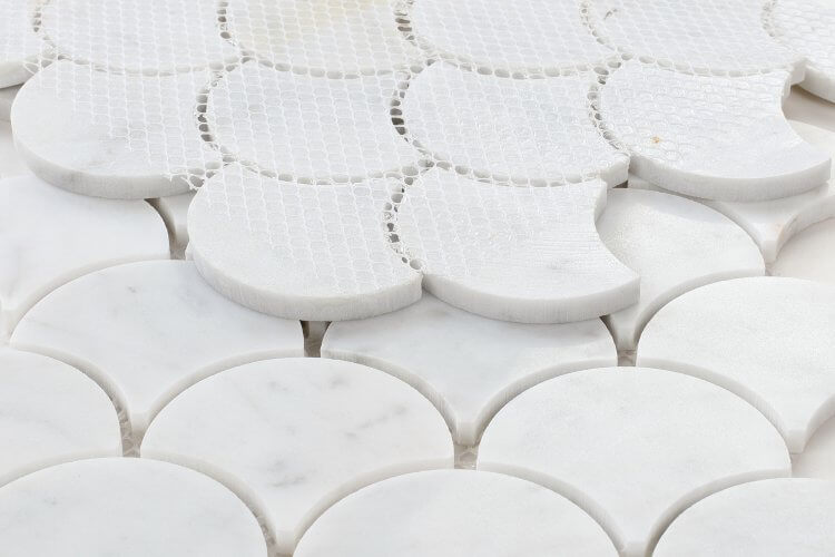 Dragon Scale Carrara marble mosaic tile pattern in white, 9.75 x 9.75, polished finish, ideal for elegant decor.