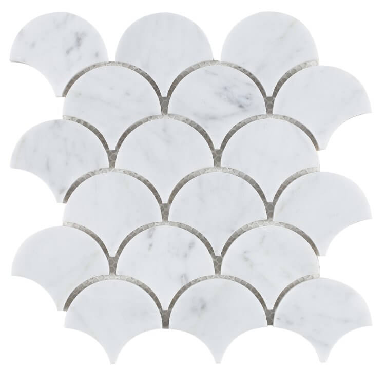 Dragon Scale Carrara marble mosaic tiles in white, 9.75 x 9.75, polished finish with graceful dragon scale pattern.