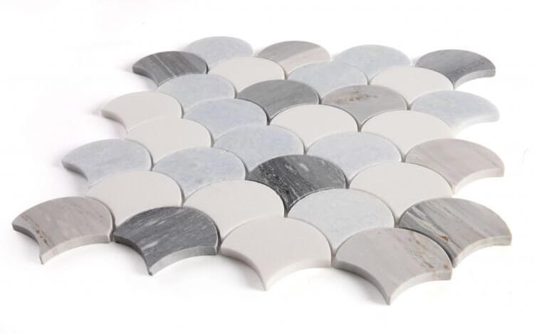 Dragon Scale Deep Ocean 12x12 mosaic tiles in polished grey, blue, and white marble with a scale pattern.