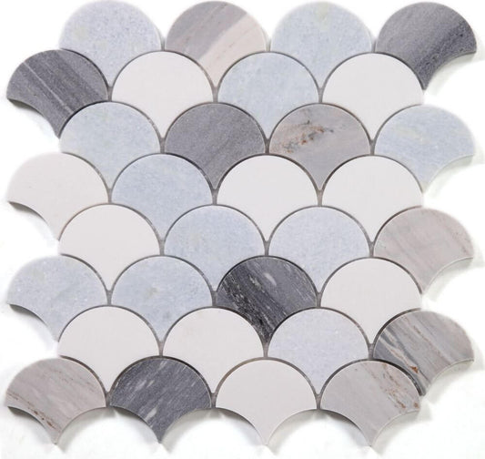 Dragon Scale Deep Ocean mosaic tile, featuring a polished scale pattern in grey, blue, and white marble.
