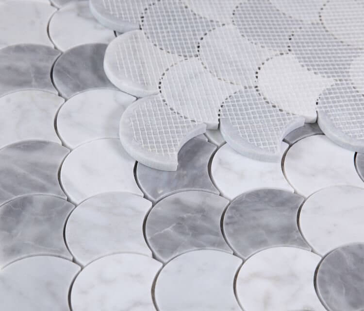 Dragon Scale Dusk 12x12 marble mosaic, grey and white polished finish, featuring Carrara and Bardiglio marble in a unique pattern.