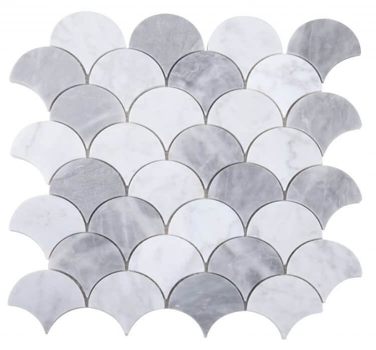 Dragon Scale Dusk 12x12 marble mosaic, featuring a polished grey and white dragon scale pattern.