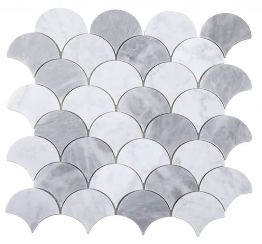 Dragon Scale Dusk 12x12 marble mosaic, featuring a polished grey and white dragon scale pattern.