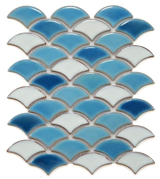 Dragon Scale Lake porcelain mosaic tile in white and multi-blue colors, ideal for swimming pools.