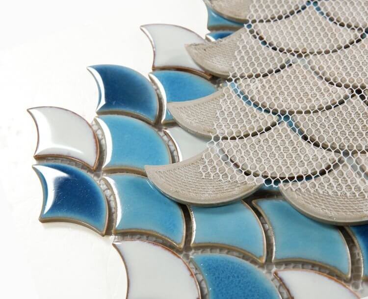 Dragon Scale Lake porcelain mosaic featuring blue and white scales, ideal for swimming pool use, handmade with 1/4 in thickness.
