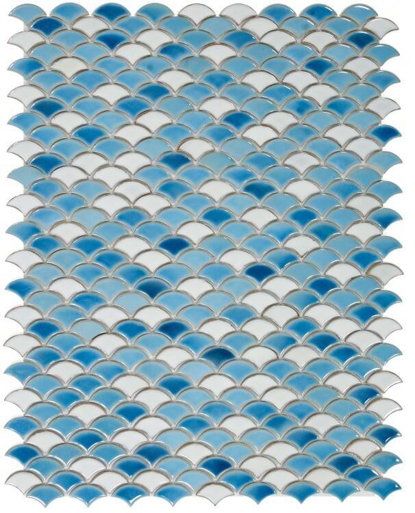 Dragon Scale Lake porcelain mosaic tile in blue and white, 9.75x12 size, perfect for swimming pool designs.