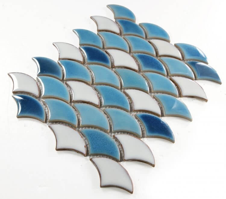 Dragon Scale Lake porcelain mosaic tile in blue and white, ideal for swimming pools, 9.75x12, handmade, 1/4 inch thick.