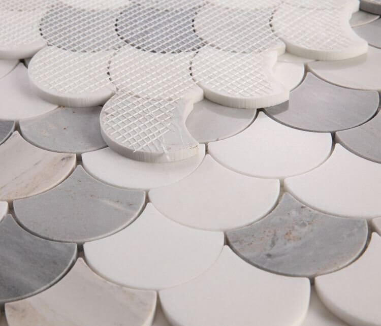 Dragon Scale Marble Blue 12x12 tiles with polished finish in scale pattern, featuring blue and grey tones.