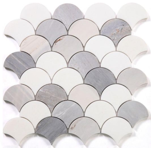 Dragon Scale Marble Blue 12x12 mosaic tile featuring a polished scale pattern in shades of blue and grey.