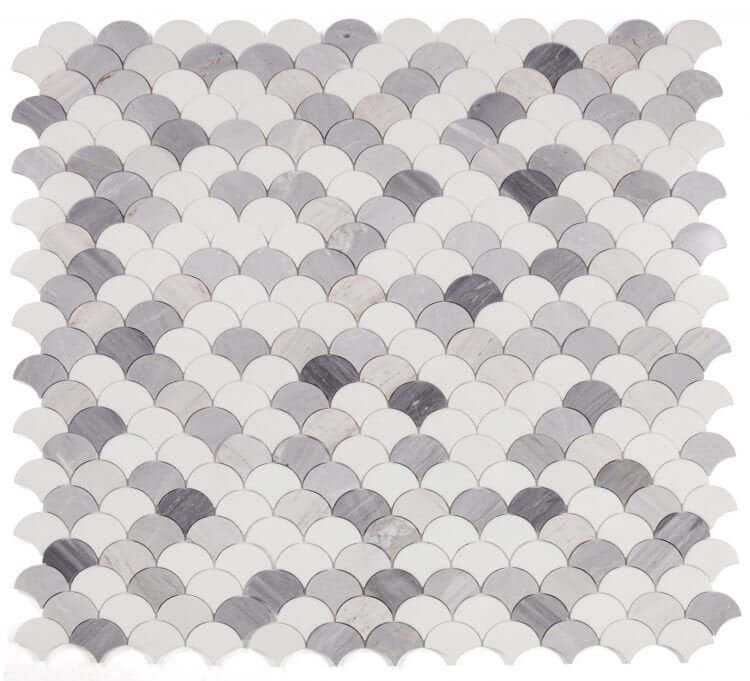 Dragon Scale Marble Blue tiles, 12x12 polished marble in a scale pattern with blue and grey tones.