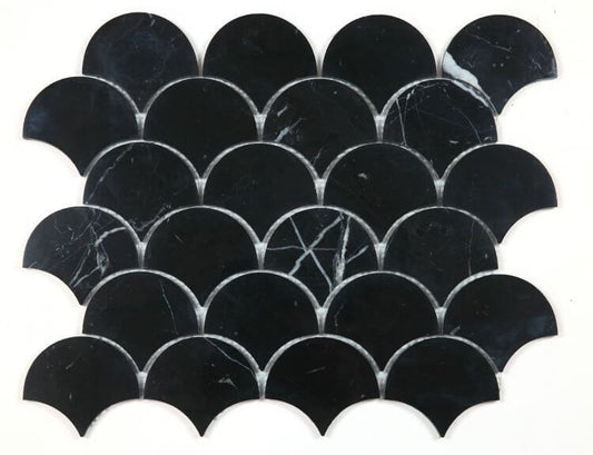 Dragon Scale Marquina 10.5x13 mosaic made of polished Nero Marquina marble, featuring a black scale design.