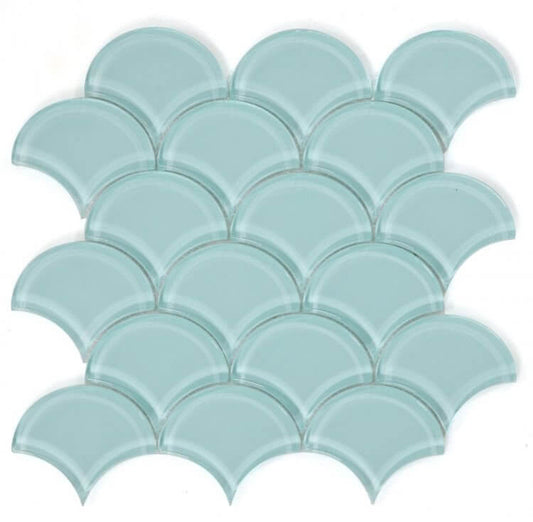 Dragon Scale Mint 9.5 x 9.5 mint green glass mosaic in dragon scale pattern, ideal for swimming pool installations.