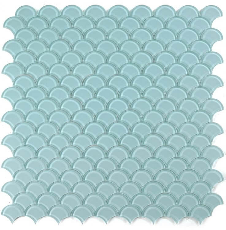 Dragon Scale Mint glass mosaic tile 9.5x9.5 in mint green, perfect for swimming pool installations.