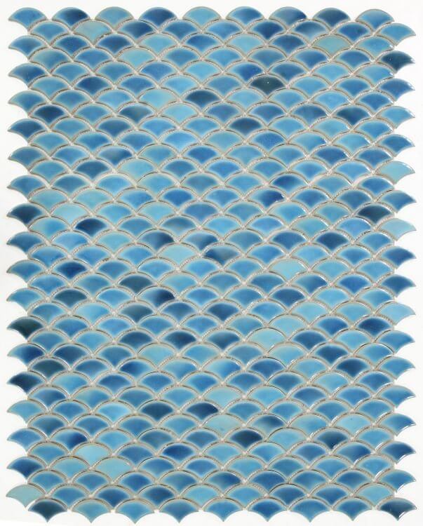 Dragon Scale Navy porcelain mosaic 9.75x12, featuring a blue pattern, ideal for swimming pools, handmade and pool rated.