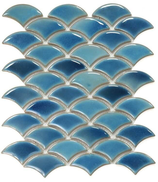 Dragon Scale Navy porcelain mosaic tile in multi-blue shades, 9.75x12 in size, pool rated for swimming pools.